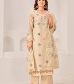 Beige linen printed hand embroidery kurta set with dupatta