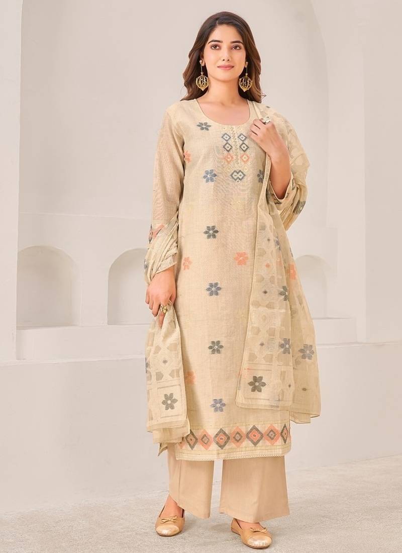 Beige linen printed hand embroidery kurta set with dupatta