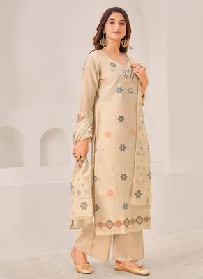 Beige linen printed hand embroidery kurta set with dupatta 2