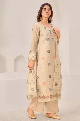 Beige linen printed hand embroidery kurta set with dupatta