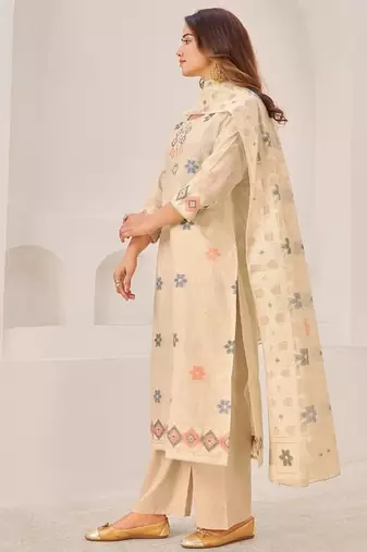 Beige linen printed hand embroidery kurta set with dupatta