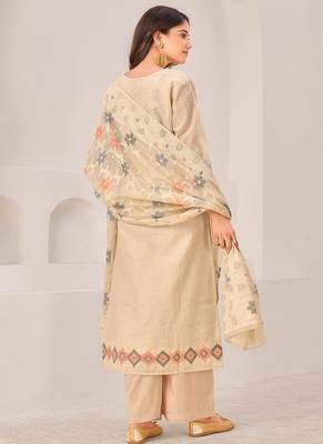 Beige linen printed hand embroidery kurta set with dupatta 4