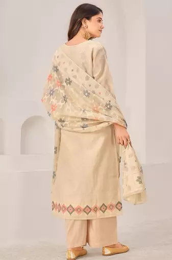 Beige linen printed hand embroidery kurta set with dupatta