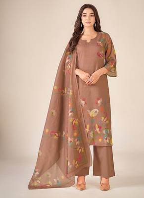 Rust cotton printed hand embroidery kurta set with dupatta 1
