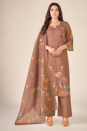 Rust cotton printed hand embroidery kurta set with dupatta