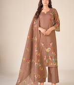 Rust cotton printed hand embroidery kurta set with dupatta