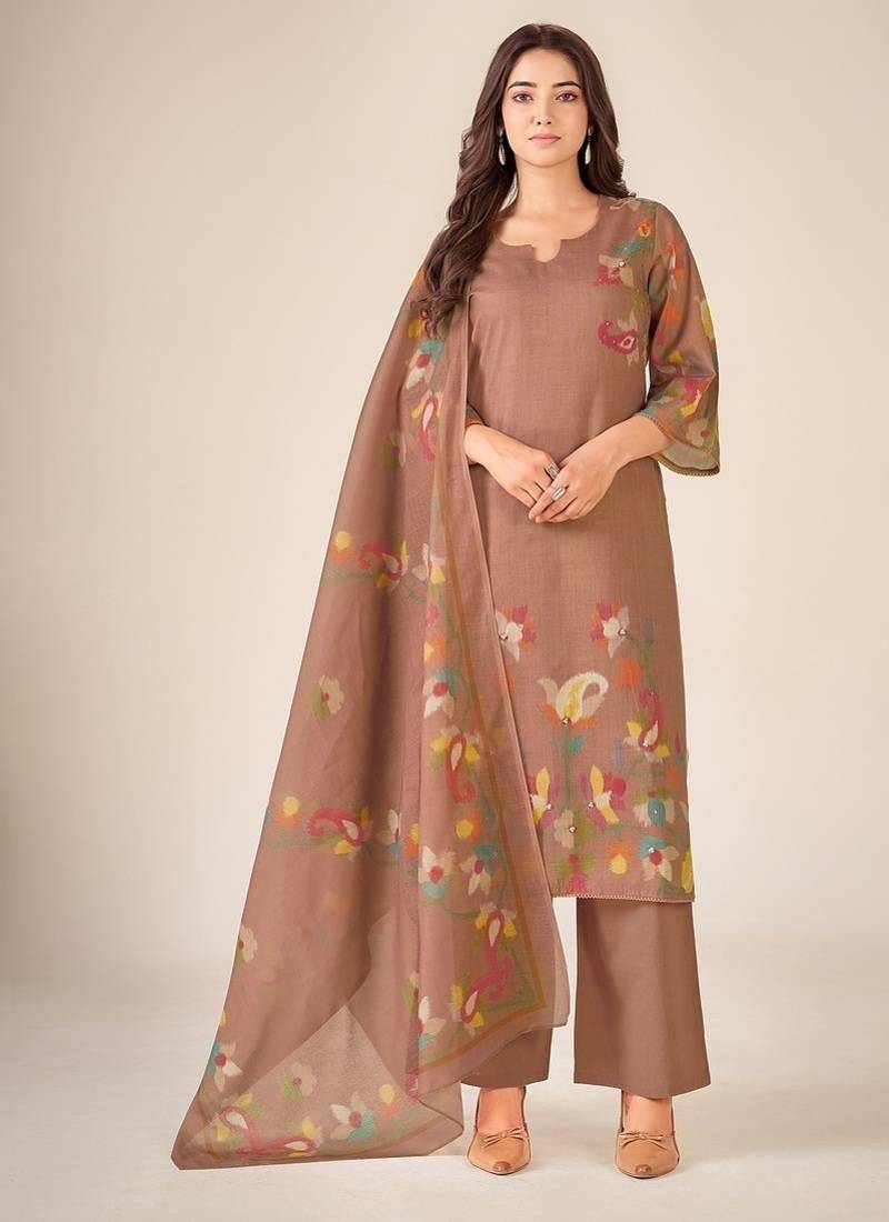 Rust cotton printed hand embroidery kurta set with dupatta