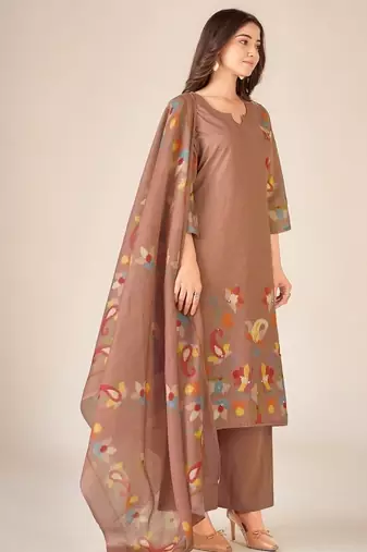 Rust cotton printed hand embroidery kurta set with dupatta
