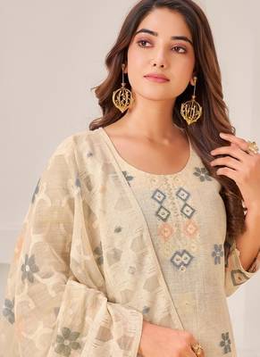 Beige linen printed hand embroidery kurta set with dupatta 5