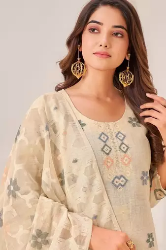 Beige linen printed hand embroidery kurta set with dupatta