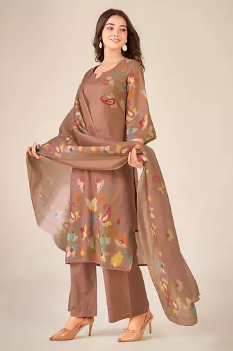 Rust cotton printed hand embroidery kurta set with dupatta
