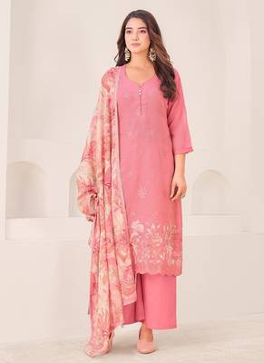 Pink cotton silk printed hand embroidery kurta set with dupatta 1
