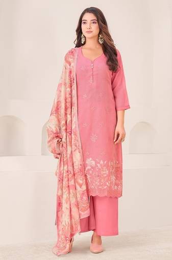 Pink cotton silk printed hand embroidery kurta set with dupatta