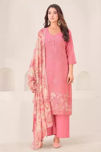 Pink cotton silk printed hand embroidery kurta set with dupatta