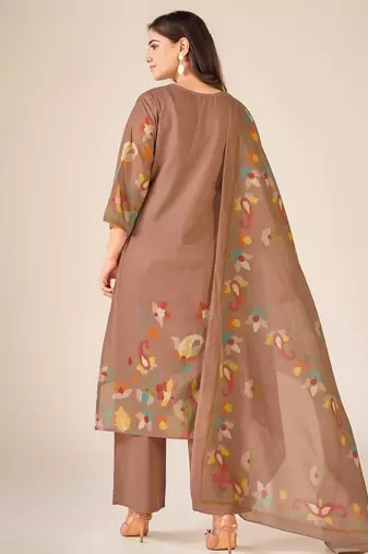 Rust cotton printed hand embroidery kurta set with dupatta