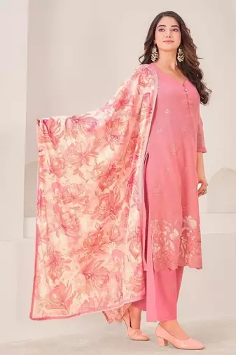 Pink cotton silk printed hand embroidery kurta set with dupatta