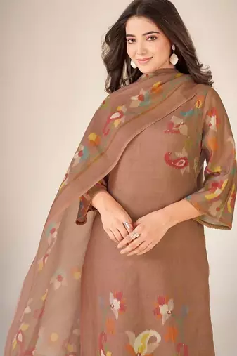 Rust cotton printed hand embroidery kurta set with dupatta