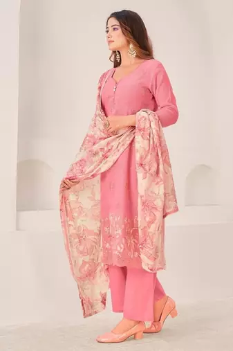 Pink cotton silk printed hand embroidery kurta set with dupatta