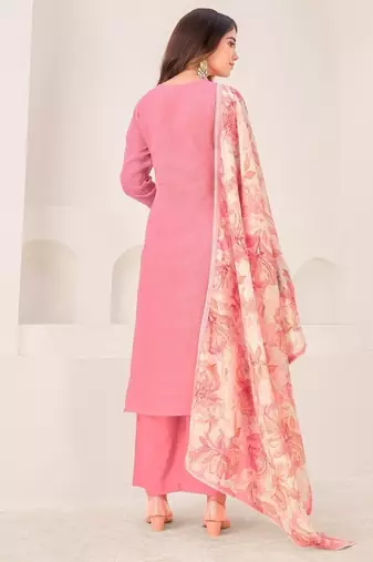 Pink cotton silk printed hand embroidery kurta set with dupatta