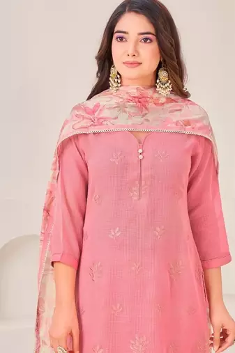 Pink cotton silk printed hand embroidery kurta set with dupatta