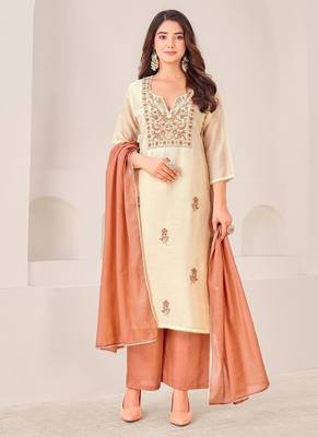 Cream cotton silk printed hand embroidery kurta set with dupatta 1