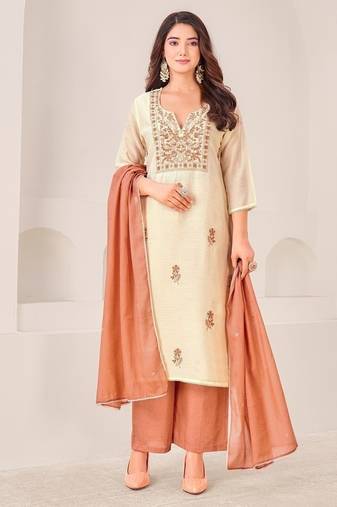 Cream cotton silk printed hand embroidery kurta set with dupatta