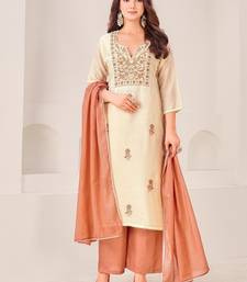 Cream cotton silk printed hand embroidery kurta set with dupatta