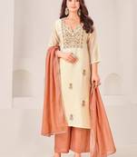 Cream cotton silk printed hand embroidery kurta set with dupatta