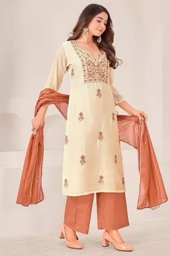 Cream cotton silk printed hand embroidery kurta set with dupatta