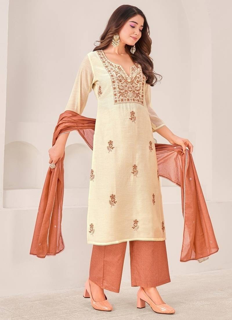 Cream cotton silk printed hand embroidery kurta set with dupatta