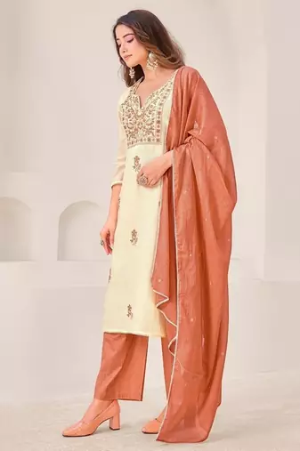 Cream cotton silk printed hand embroidery kurta set with dupatta