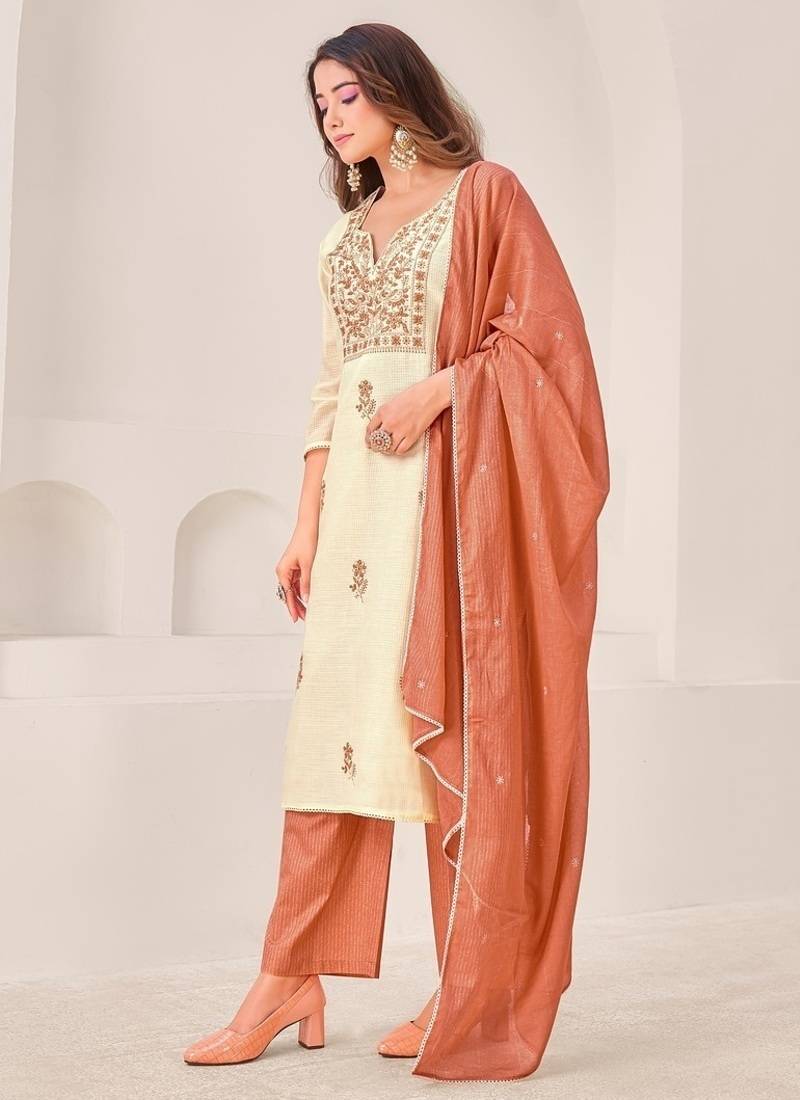 Cream cotton silk printed hand embroidery kurta set with dupatta