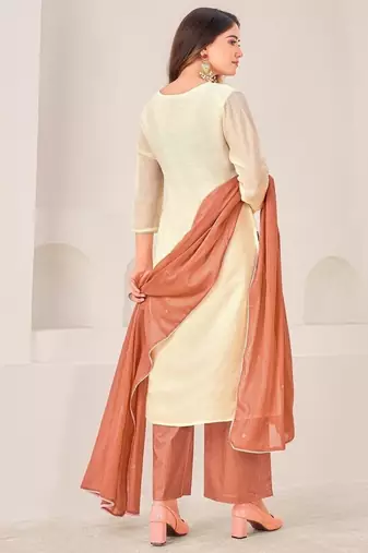 Cream cotton silk printed hand embroidery kurta set with dupatta