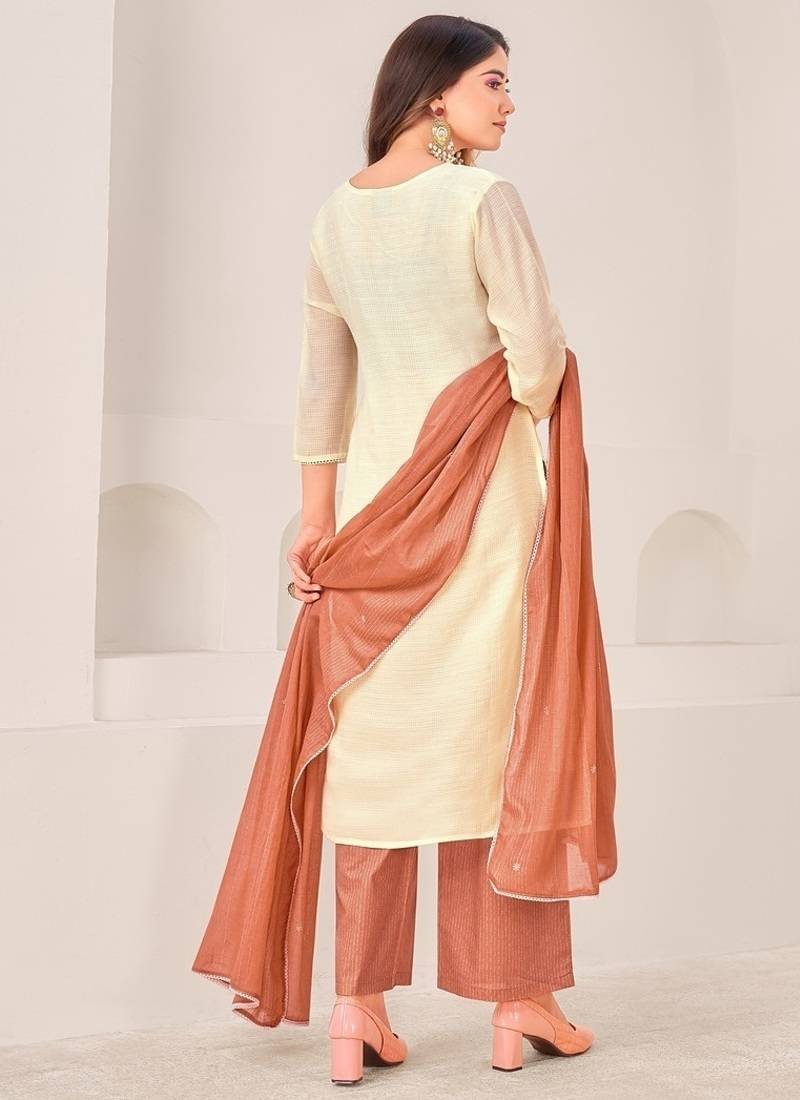 Cream cotton silk printed hand embroidery kurta set with dupatta