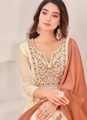 Cream cotton silk printed hand embroidery kurta set with dupatta 5