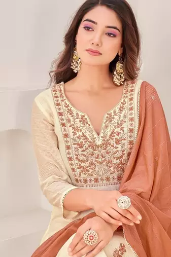 Cream cotton silk printed hand embroidery kurta set with dupatta
