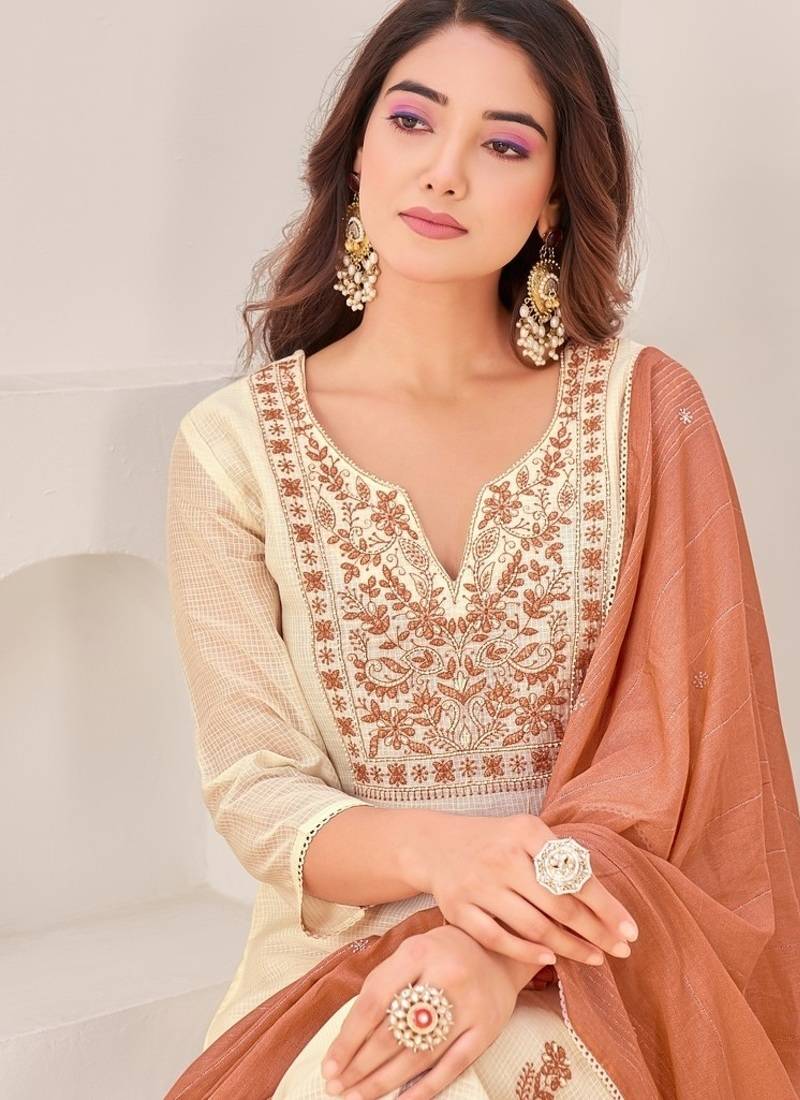 Cream cotton silk printed hand embroidery kurta set with dupatta