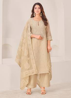 Beige linen printed hand embroidery kurta set with dupatta 1
