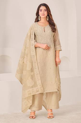 Beige linen printed hand embroidery kurta set with dupatta