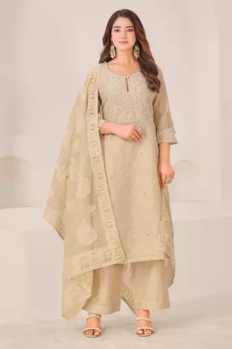Beige linen printed hand embroidery kurta set with dupatta