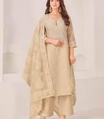 Beige linen printed hand embroidery kurta set with dupatta