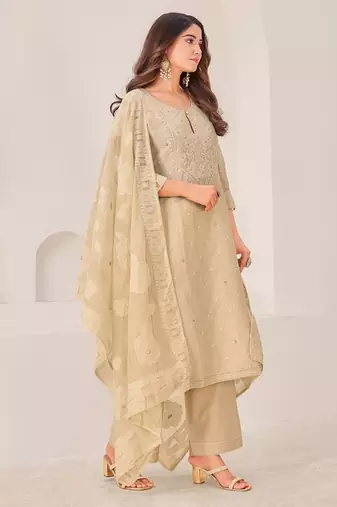 Beige linen printed hand embroidery kurta set with dupatta