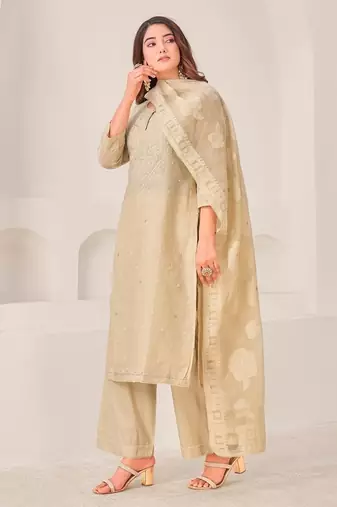 Beige linen printed hand embroidery kurta set with dupatta