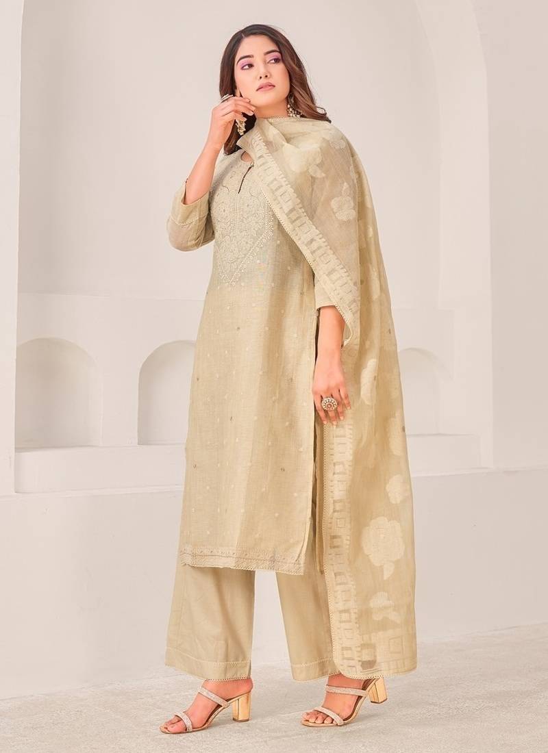 Beige linen printed hand embroidery kurta set with dupatta