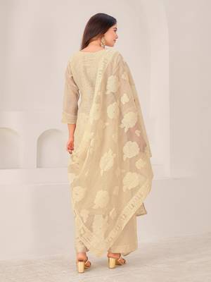 Beige linen printed hand embroidery kurta set with dupatta 4