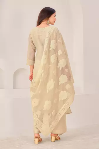 Beige linen printed hand embroidery kurta set with dupatta