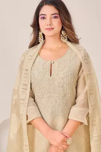Beige linen printed hand embroidery kurta set with dupatta