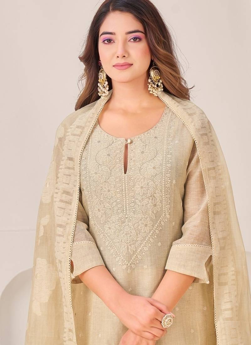 Beige linen printed hand embroidery kurta set with dupatta