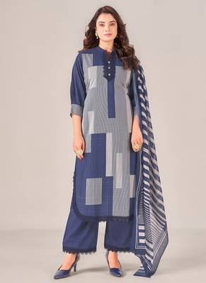 Navy blue cotton printed hand embroidery kurta set with dupatta 1