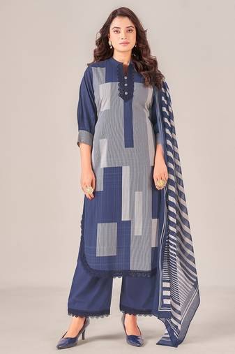 Navy blue cotton printed hand embroidery kurta set with dupatta